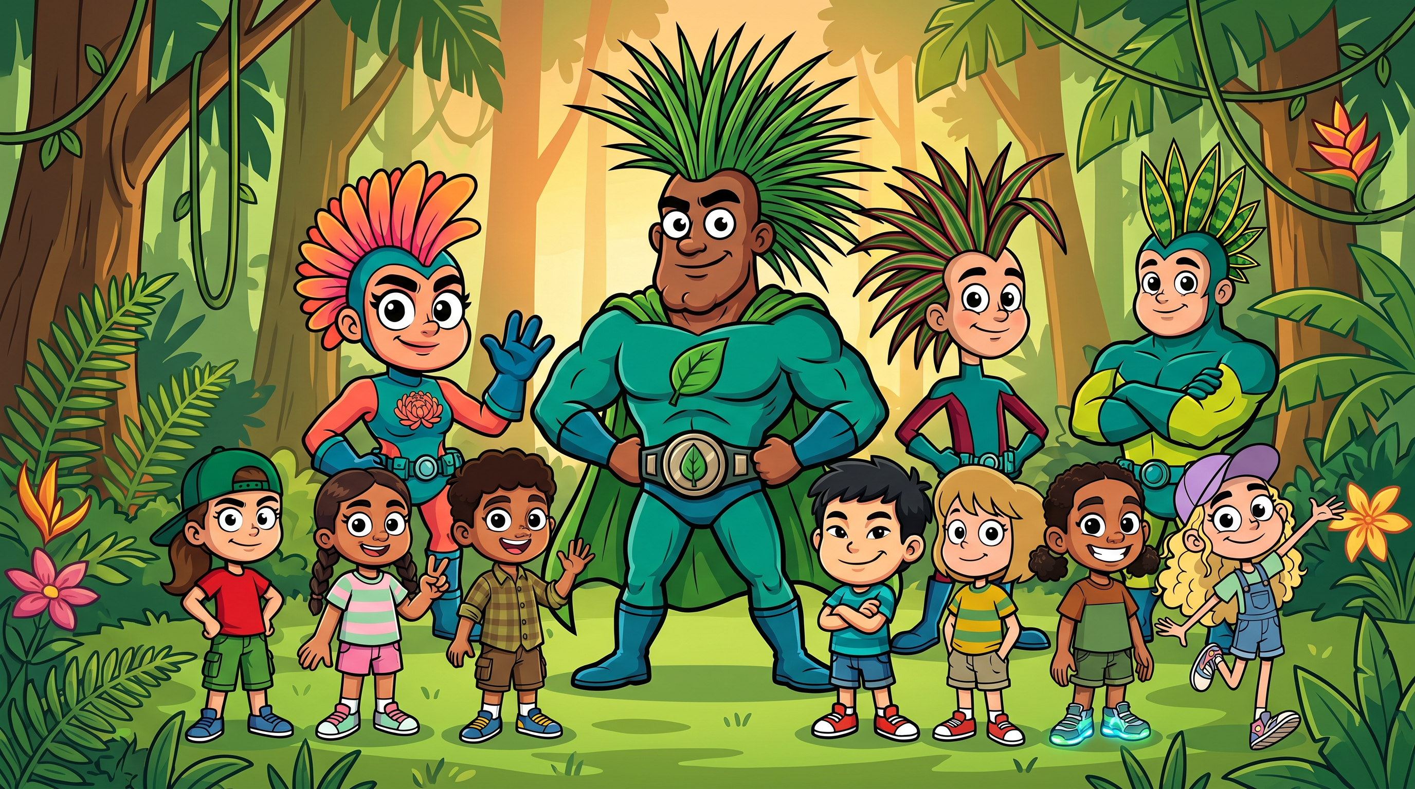 Plantpowerman, the Power Team and the Plant Power Kids together in the Amazon rainforest