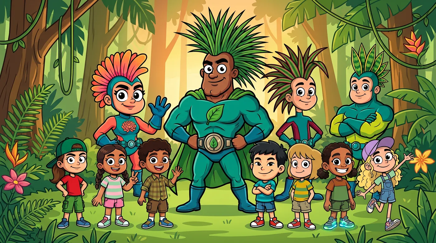 Plantpowerman, the Power Team and the Plant Power Kids together in the Amazon rainforest