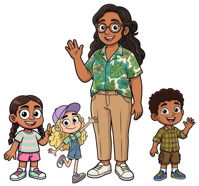 Ms Martindale, a friendly teacher, standing with Plant Power Kids Lola, Dev and Isla
